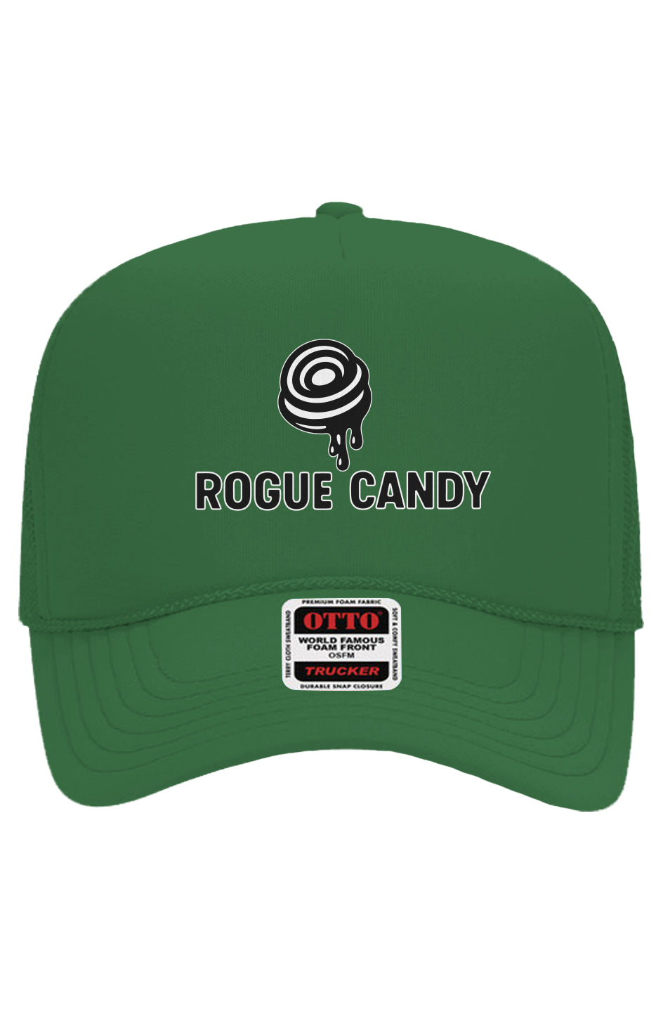 Rogue Candy Swirl logo on front, green Otto 5-Panel Mesh Trucker