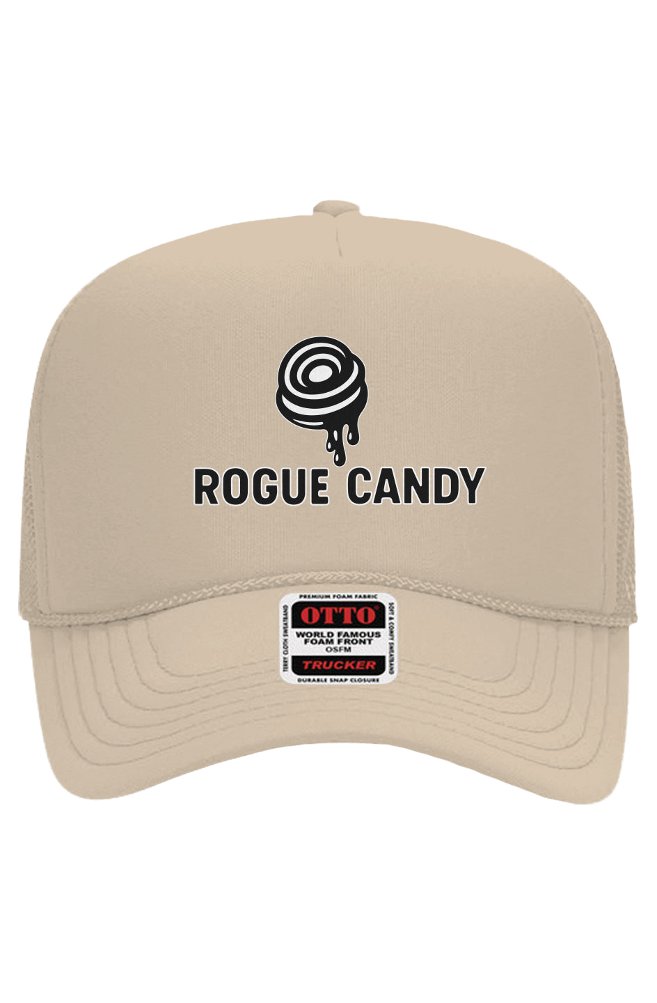 Rogue Candy Swirl logo on front, sand Otto 5-Panel Mesh Trucker