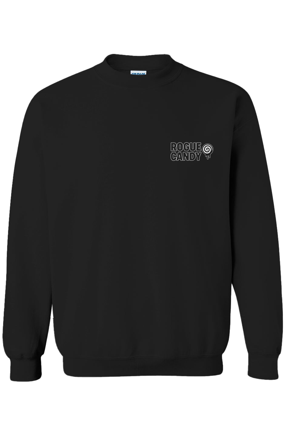 Rogue Candy Wrapper on back, Embroidered Logo, Heavy Blend Crewneck