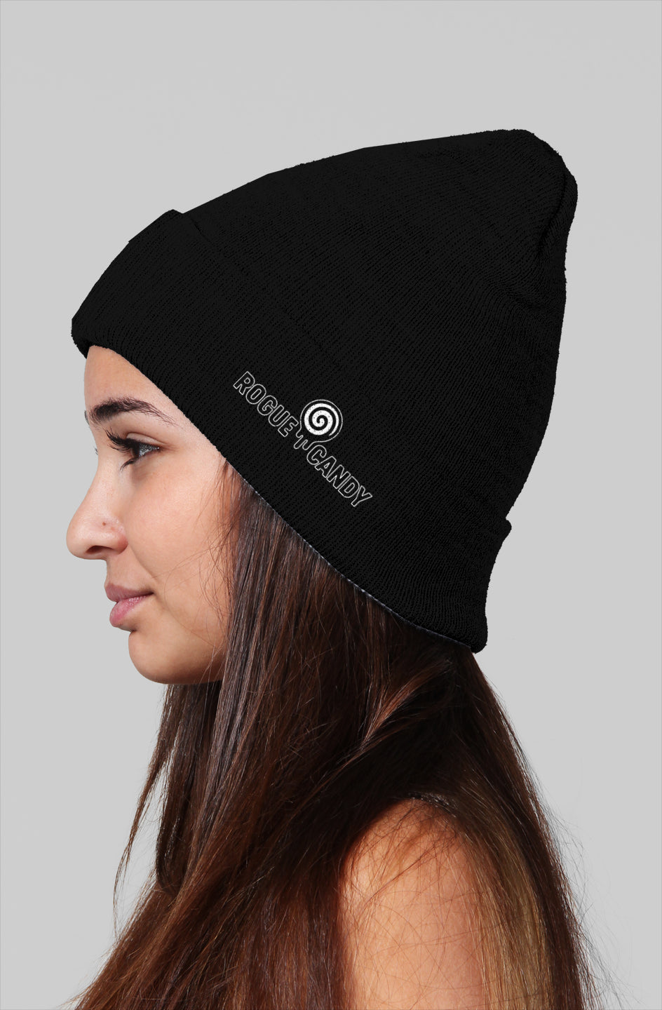 Girl wearing, Rogue Candy embroidered logo, on side black Beanie