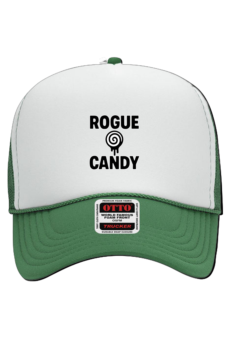 Rogue Candy Embroidered Logo, green Otto White Foam Front 5 Panel Trucker Hat
