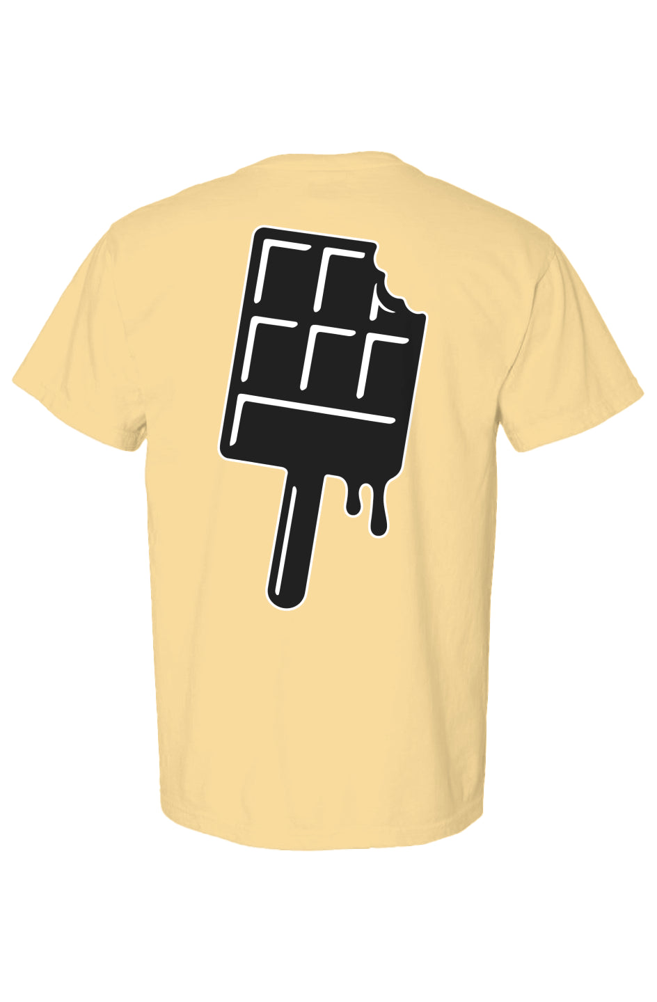 Butter yellow t-shirt with a black and white chocolate bar drip on a stick, graphic on the back