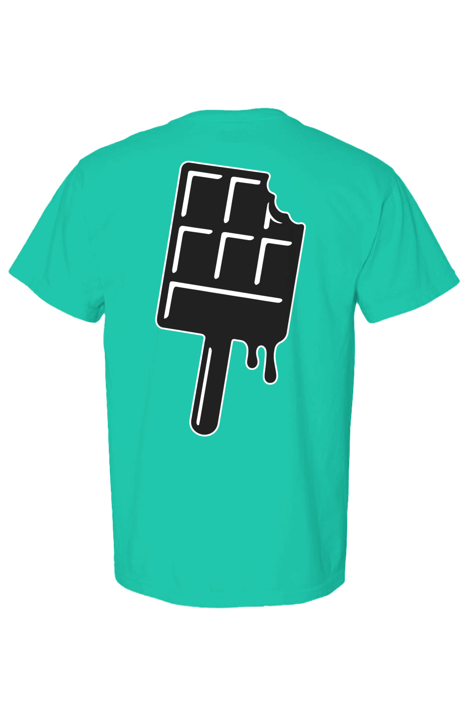 teal t-shirt with a black and white chocolate bar drip on a stick, graphic on the back