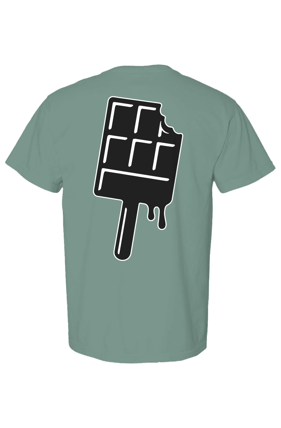 Grey green t-shirt with a black and white chocolate bar drip on a stick, graphic on the back