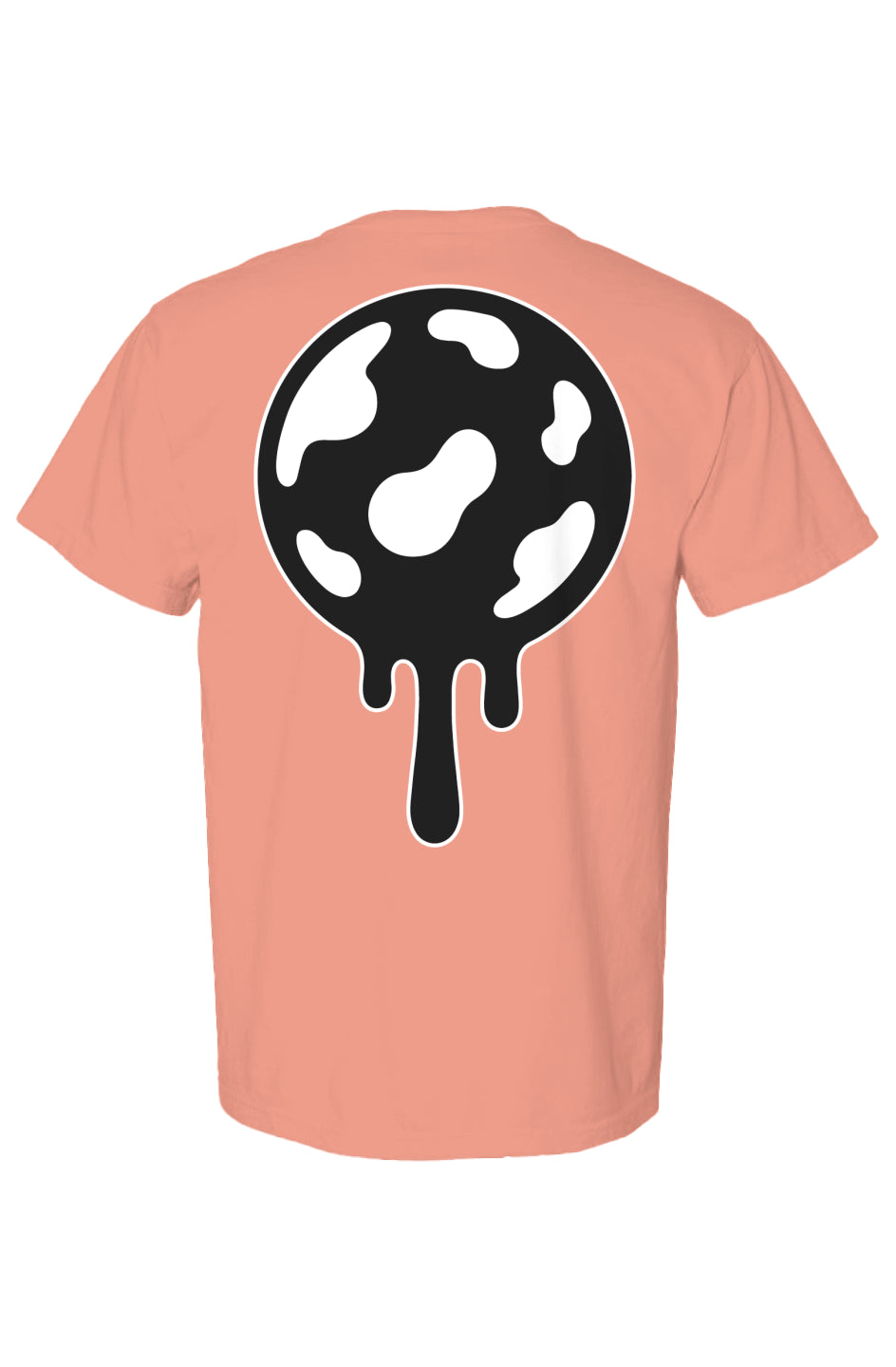 Rogue candy coral t-shirt with a black and white jaw breaker design on the back.