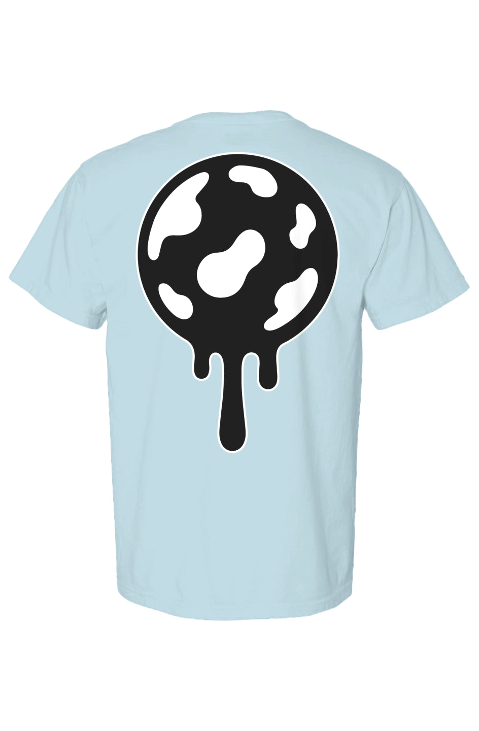 Rogue candy light blue t-shirt with a black and white jaw breaker design on the back.