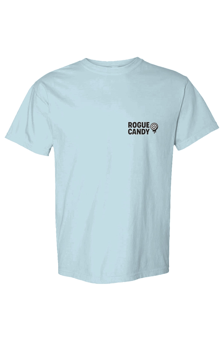 Rogue Candy Embroidered Logo small on chest black and white, Heavyweight light blue T Shirt