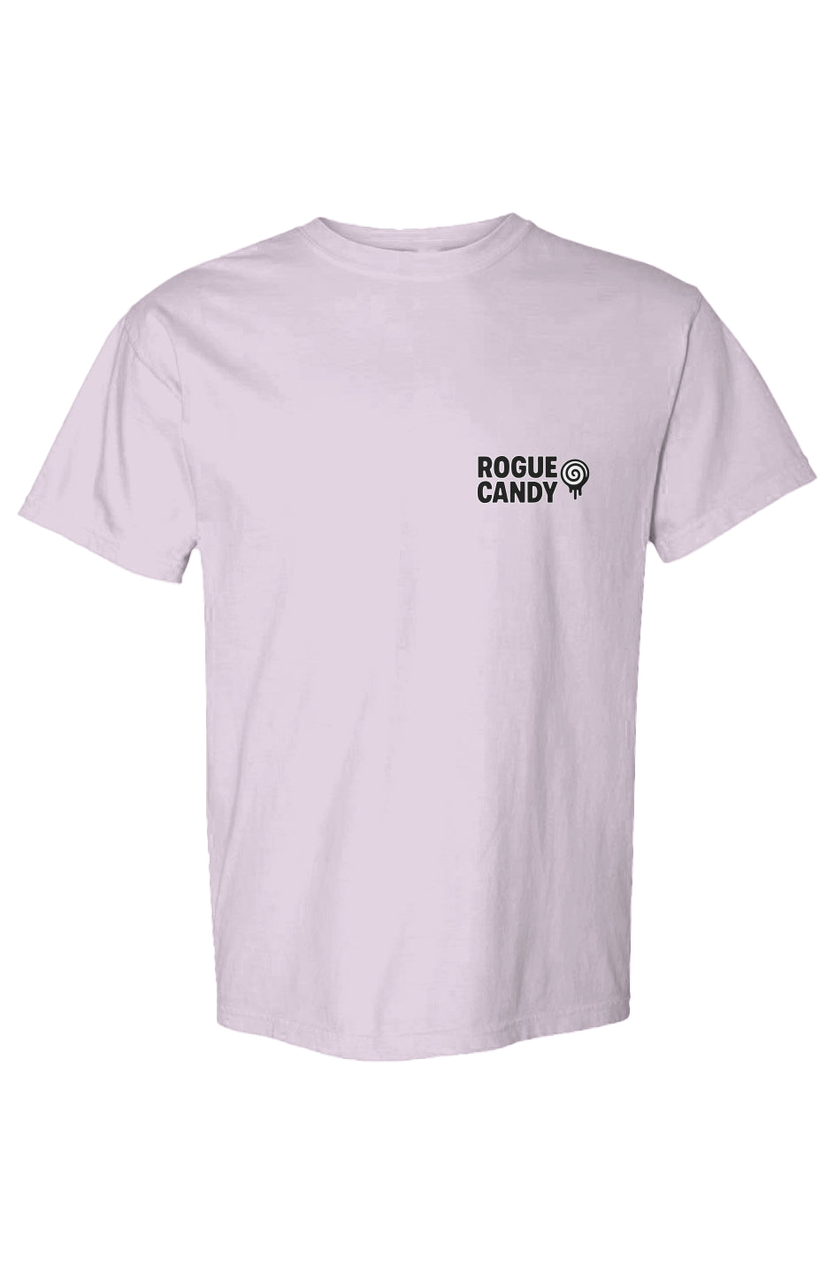 Rogue Candy Embroidered Logo small on chest black and white, Heavyweight light purple T Shirt