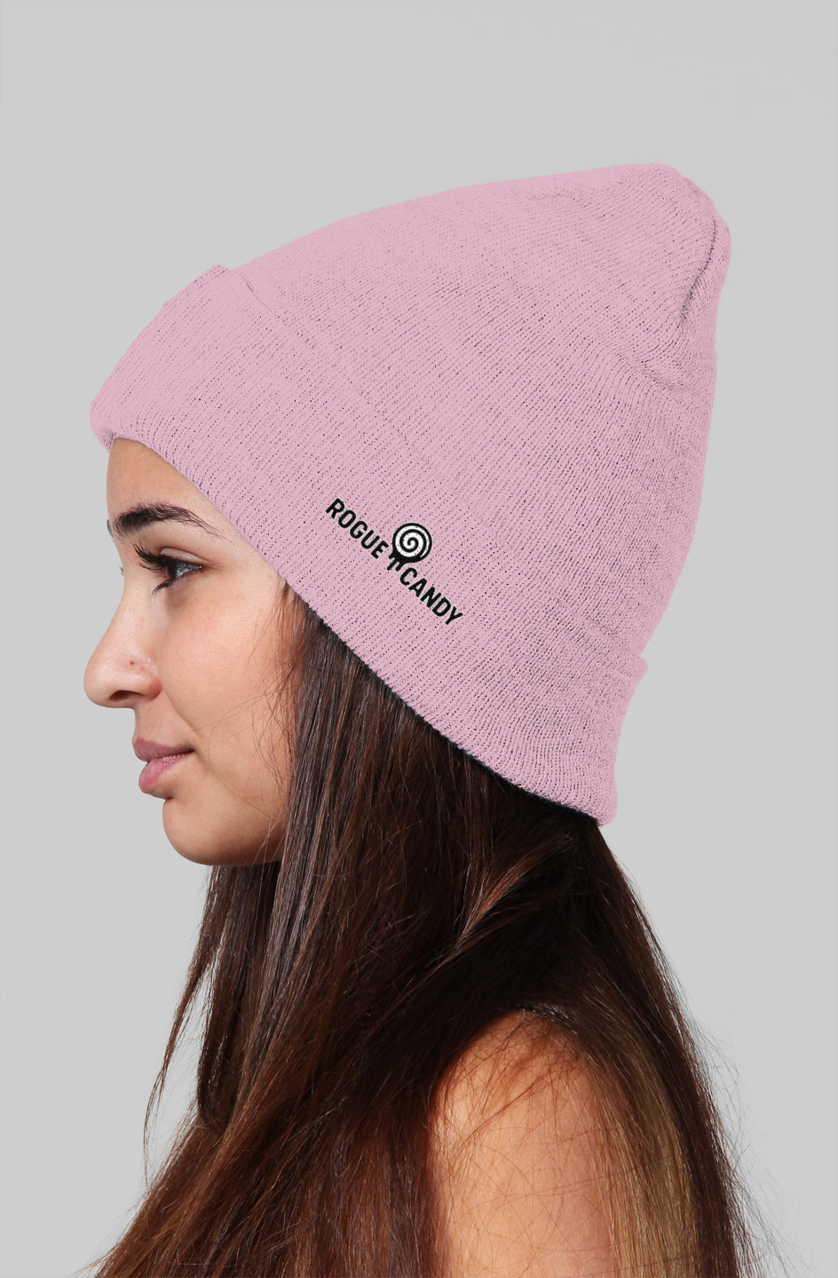 Rogue Candy logo, on side, pink beanie 