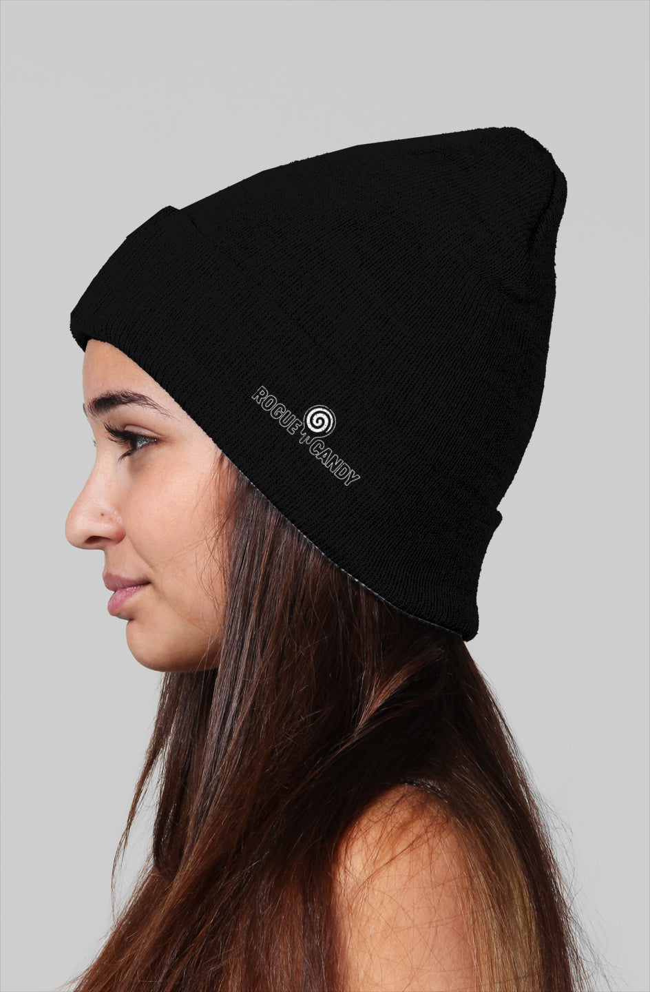 Rogue Candy logo, on side, black beanie 