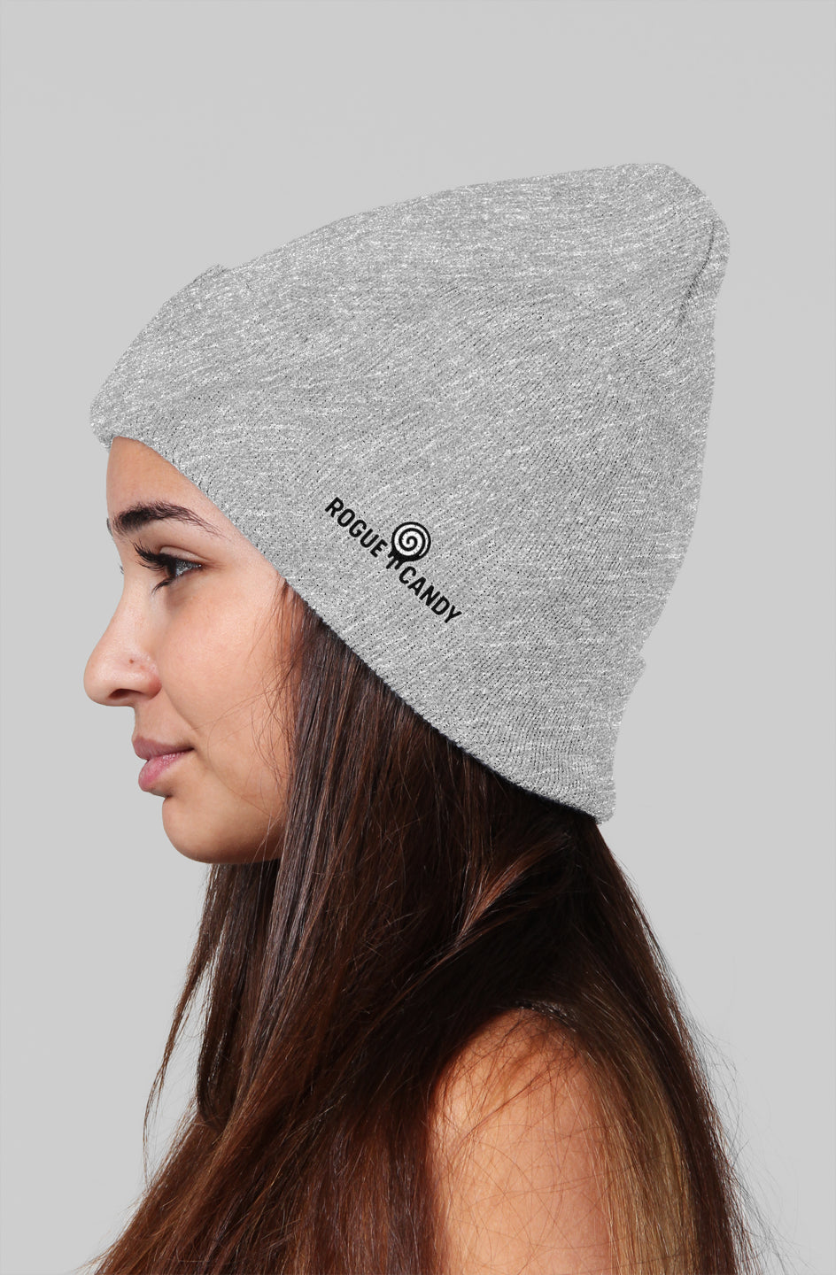 Rogue Candy logo, on side, grey beanie 
