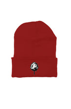 On front, Rogue embroidered Cotton Candy, red Beanie