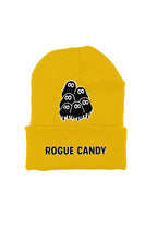 Big embroidered geek clusters front  with rogue candy logo under it, yellow Beanie