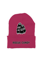 Big embroidered geek clusters front  with rogue candy logo under it, pink Beanie