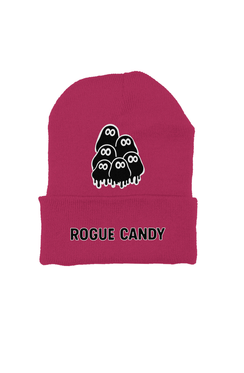 Big embroidered geek clusters front  with rogue candy logo under it, pink Beanie