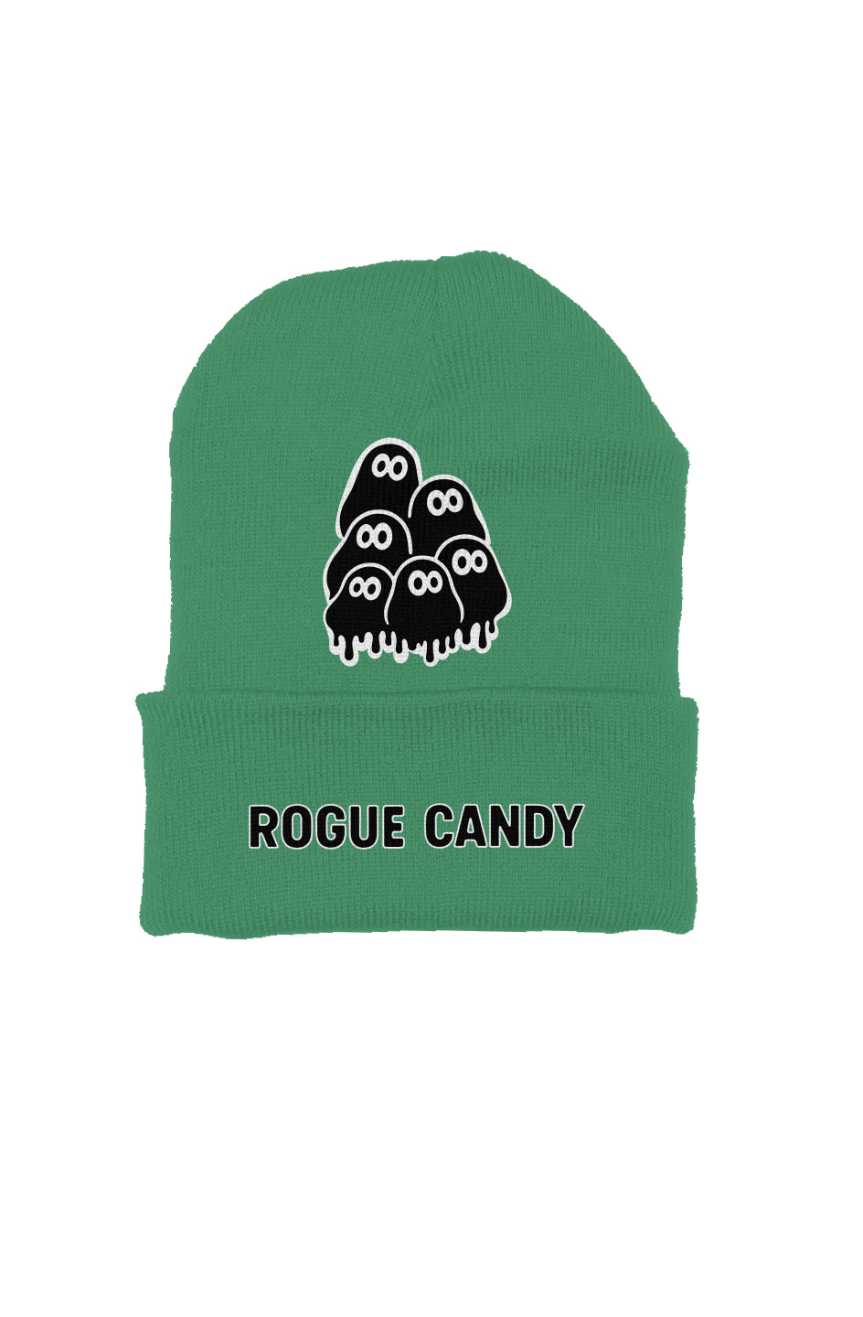 Big embroidered geek clusters front  with rogue candy logo under it, green Beanie