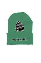 Big embroidered geek clusters front  with rogue candy logo under it, green Beanie