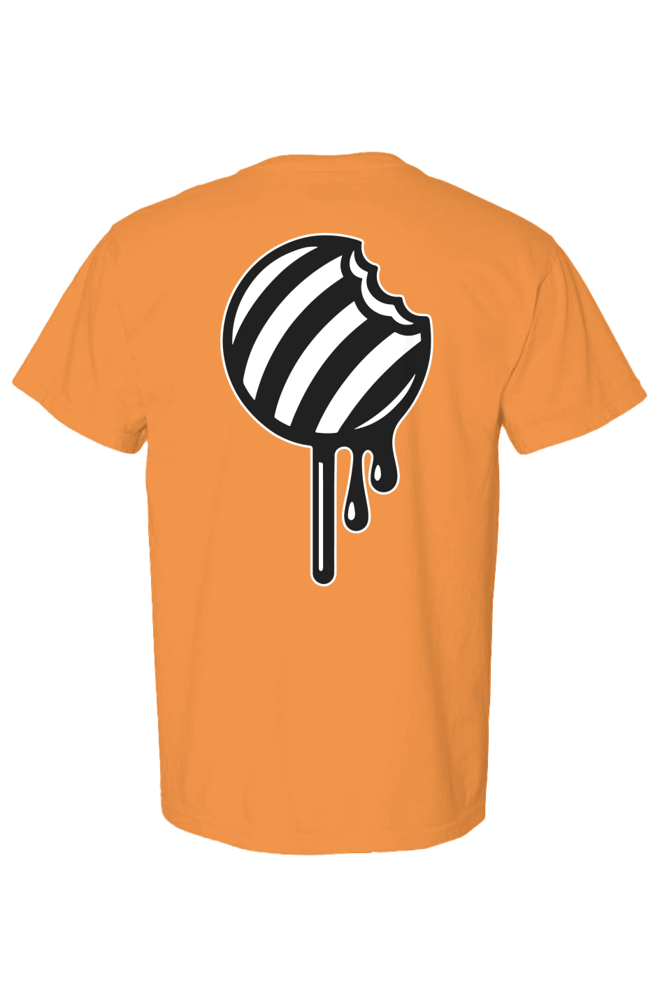 Rogue Candy bright ornage t-shirt with a black and white striped round candy on stick graphic design 