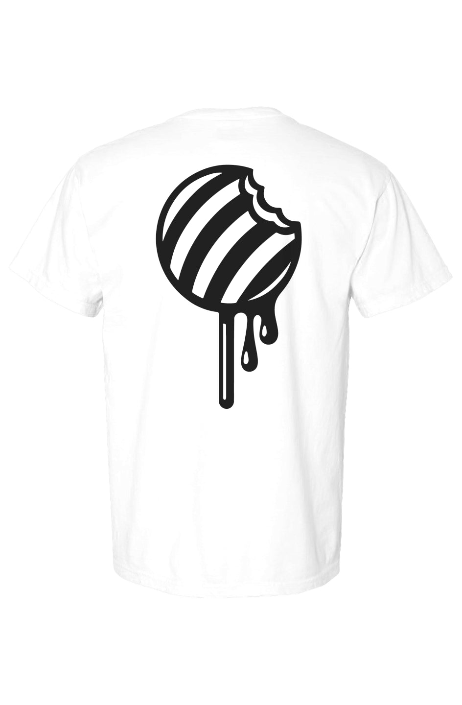 Rogue Candy white t-shirt with a black and white striped round candy on stick graphic design 