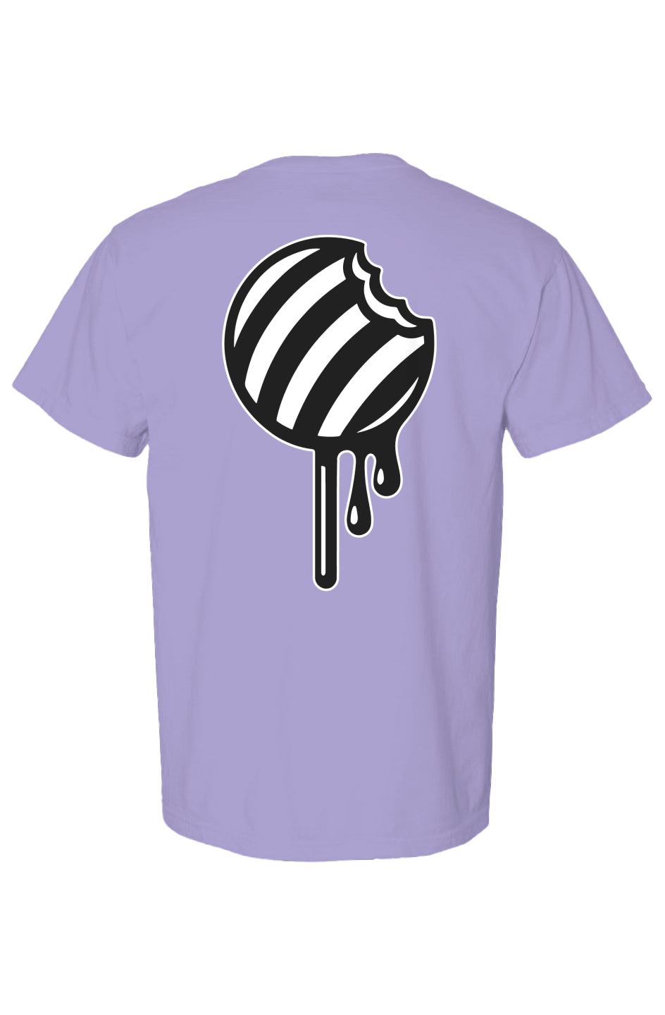 Rogue Candy light purple t-shirt with a black and white striped round candy on stick graphic design 