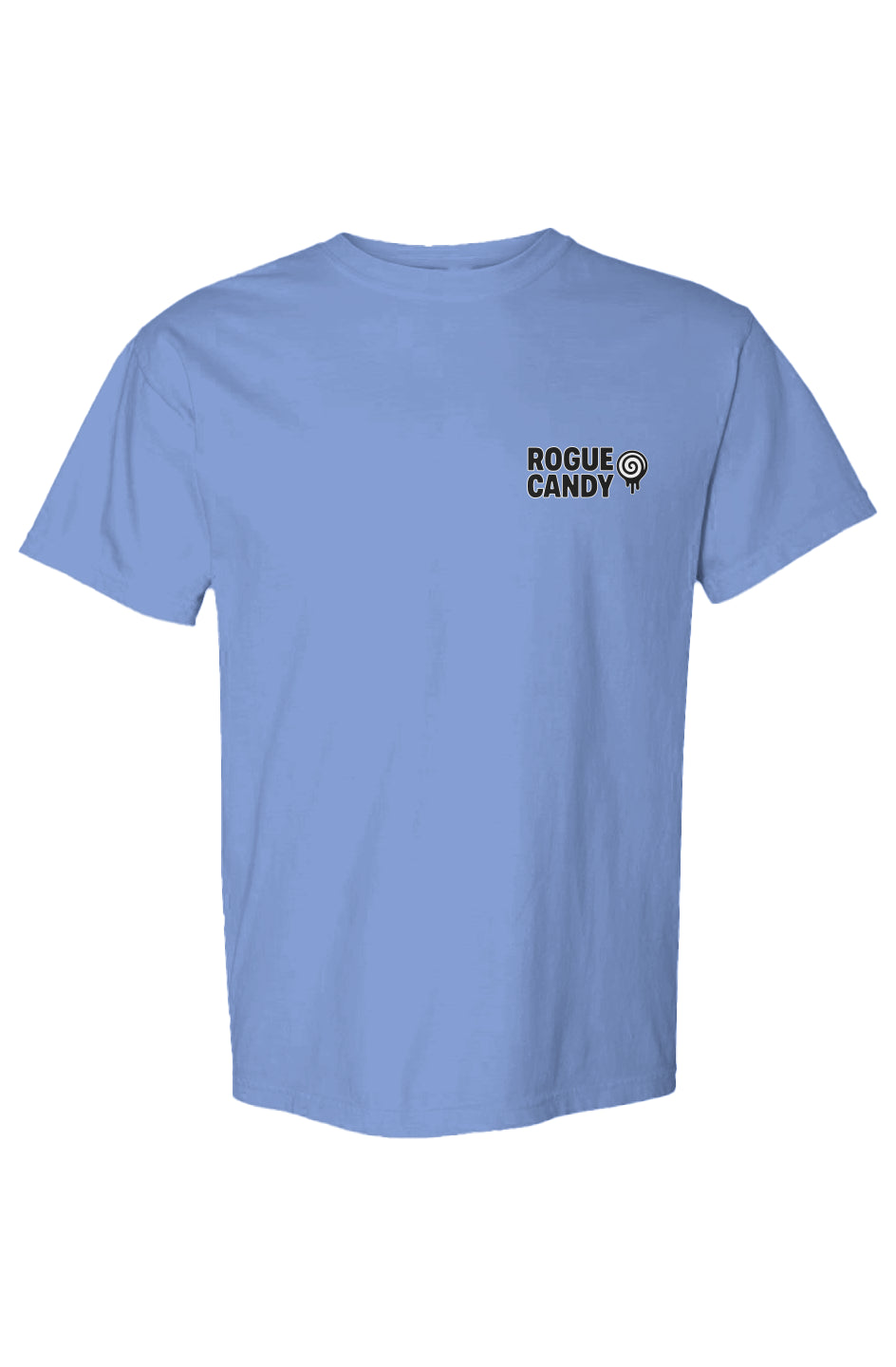Rogue candy Embroidered Logo, on chest , Heavyweight light blue T Shirt