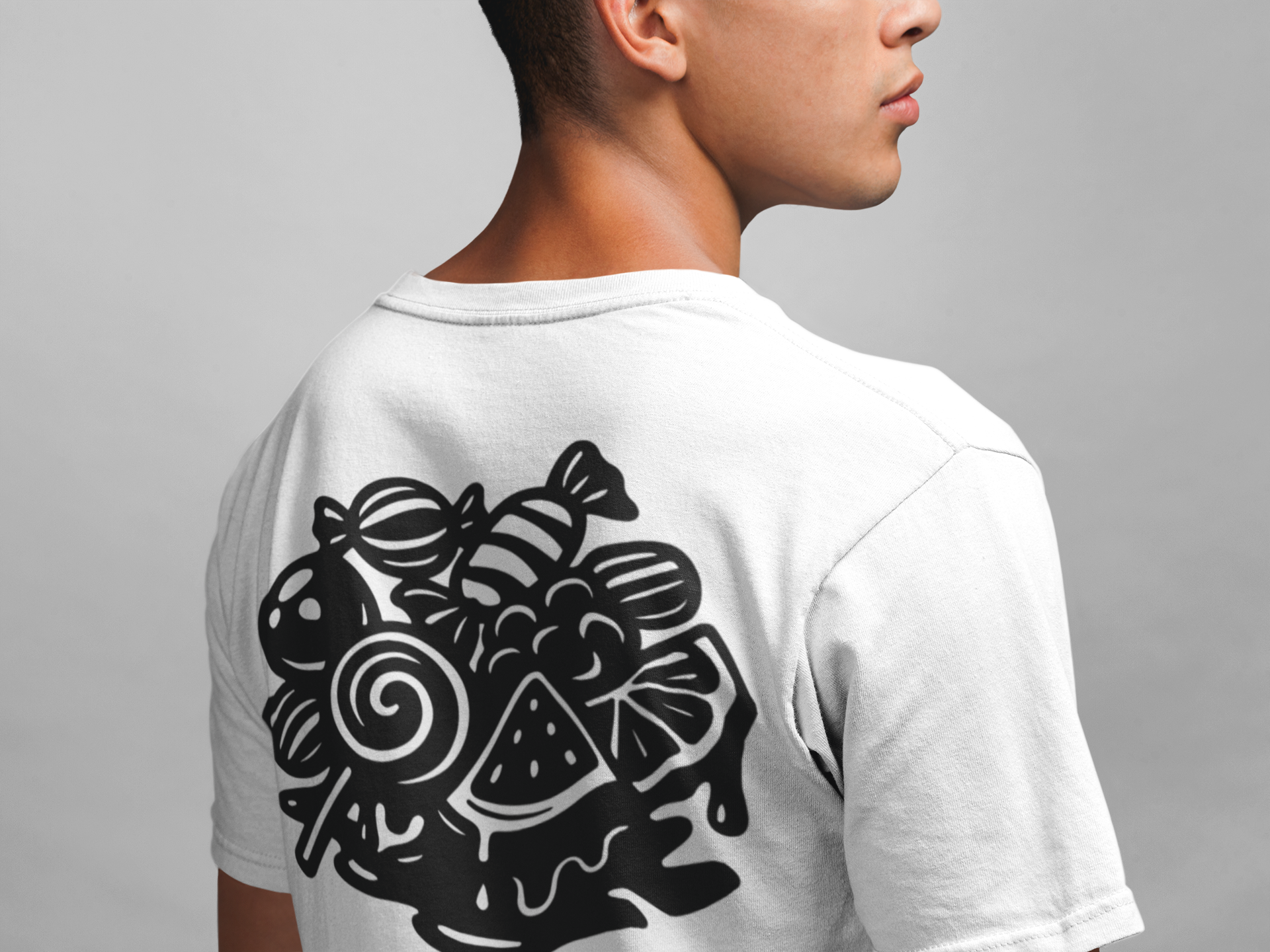 Man wearing a white t-shirt with a black and white candy bunch design on the back against a gray background