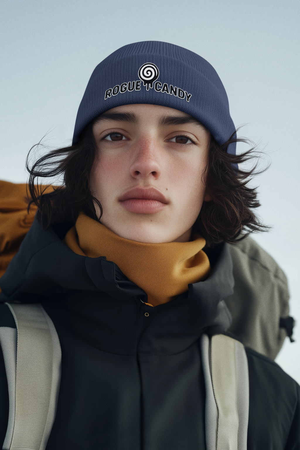 Young person wearing a navy Rogue Candy fisherman beanie with an embroidered logo, a black jacket, and a mustard-yellow turtleneck, standing outdoors against a pale sky.