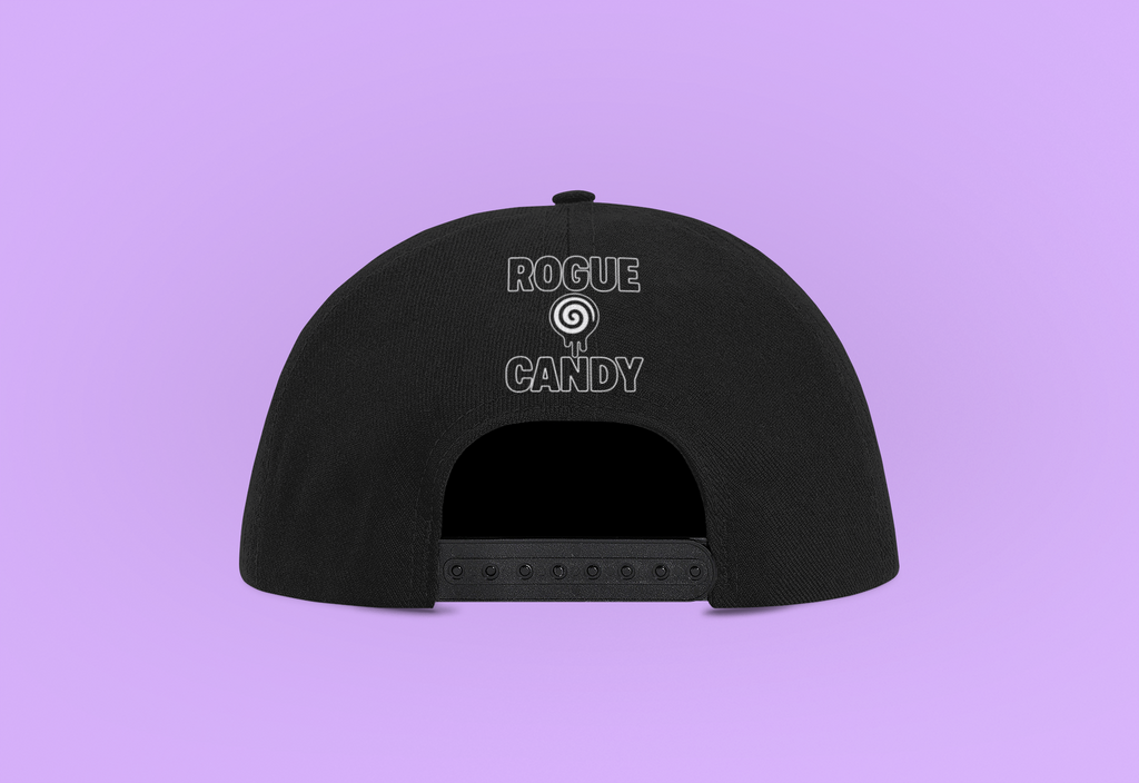 Rogue Embroidered logo on back, Snapback black Hat I’m a lilac color background