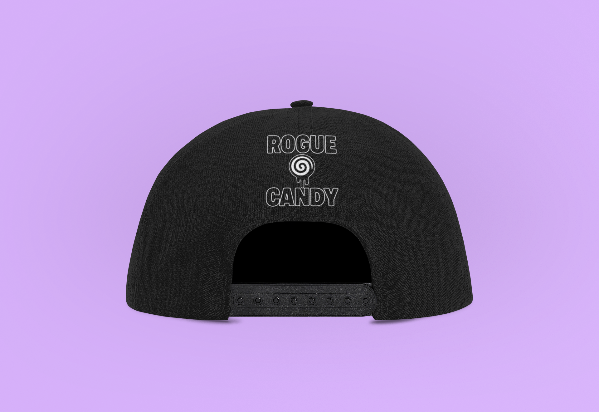 Rogue Embroidered logo on back, Snapback black Hat I’m a lilac color background