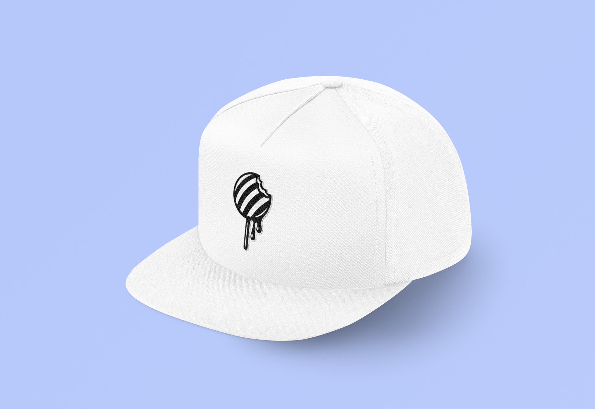 White snapback cap with a black and white striped embroidered candy stick on front on a light purple background
